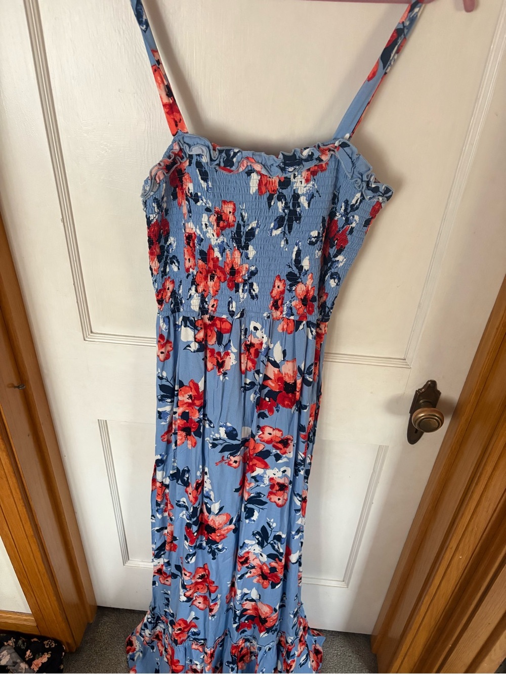 Band of Gypsies Light Blue Floral Smocked Dress with Red Accents